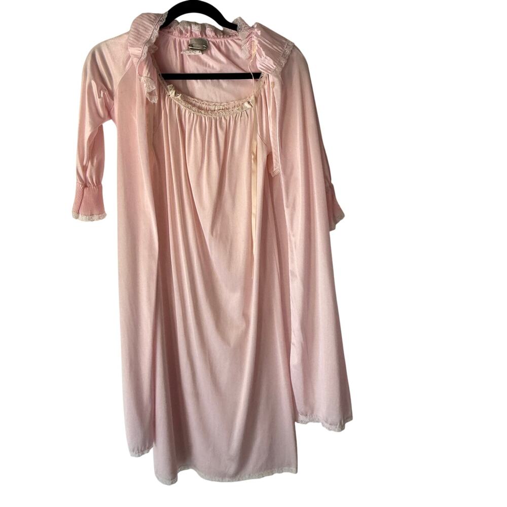 Vintage 60s Pink‎ Nylon Nightgown Set Lace Trim Puff Sleeves Girls 4-5